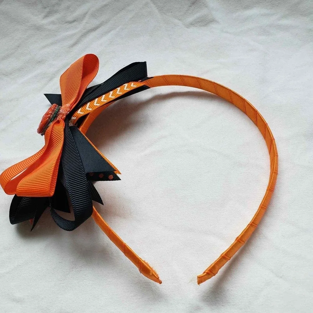 Girl Halloween Headband Orange Black Ribbon Pumpkin Hair Accessory Costume Party